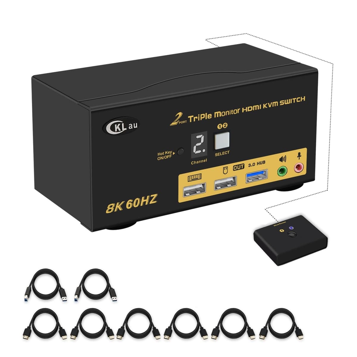 CKLau 2 Puertos KVM HDMI para 3 Monitores 8K@60Hz, 4K@144Hz, Soporte EDID y Hotkey KVM Switch