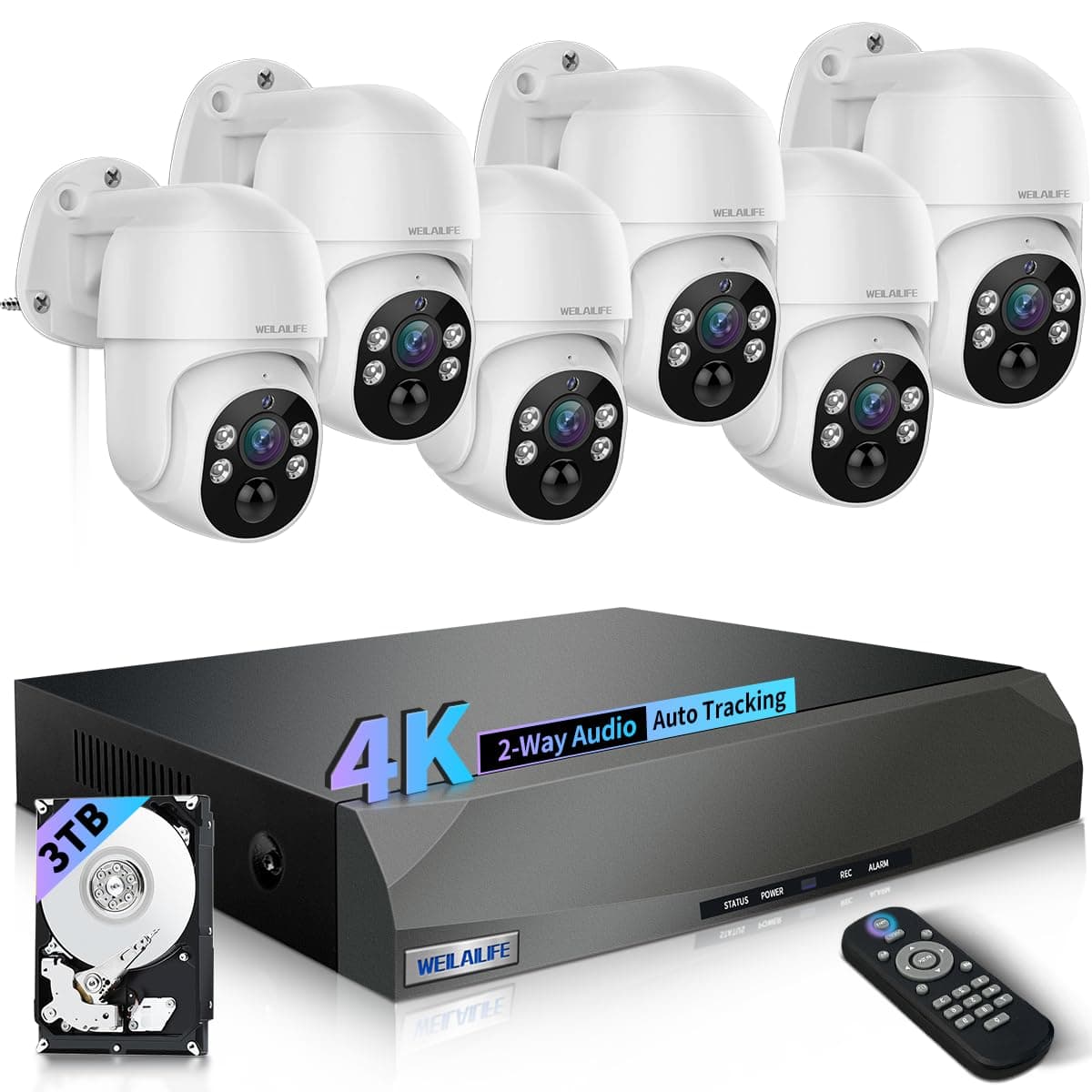 WEILAILIFE 【Zoom Digital PTZ y Almacenamiento de 60 Días】 Sistema de Cámara de Seguridad Cableada, Sistema NVR de Videovigilancia para el Hogar, Sistema de Cámaras de Seguridad POE para Exteriores 04QP8MP04