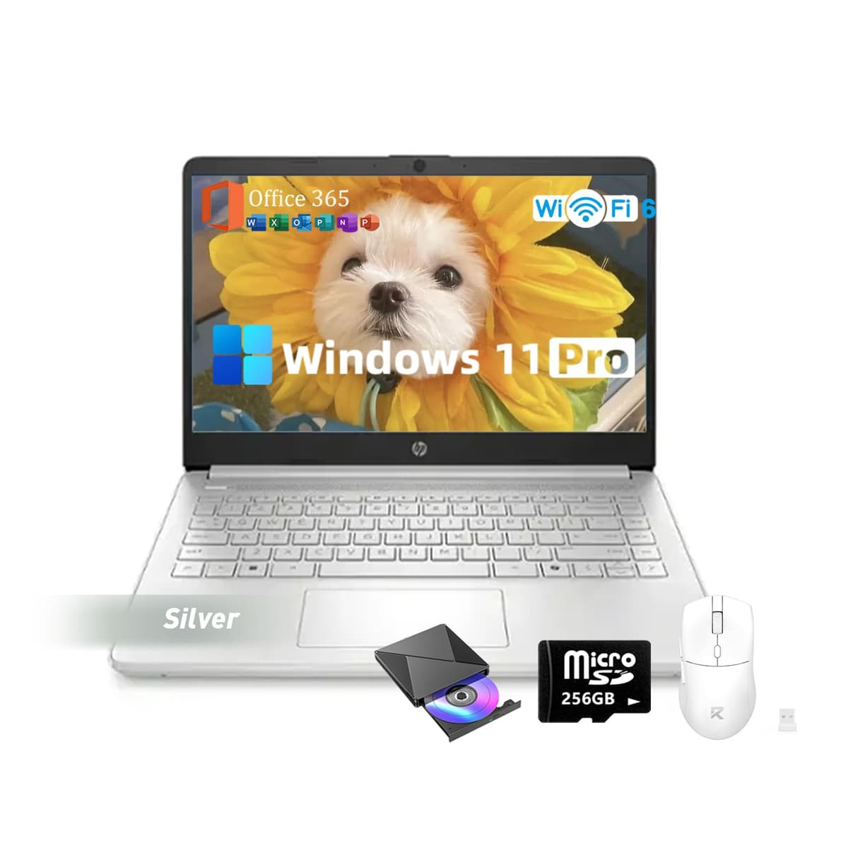 Computadora Portátil HP 2025 Flagship 14, 16 GB RAM, 384 GB Almacenamiento (128 GB UFS + 256 GB SSD), Windows 11 Pro, Office 365 por 1 año, Tecla Copilot, Wi-Fi 6, CPU Intel N150, Pantalla LED 14" 250 nits, Plateada N-Series