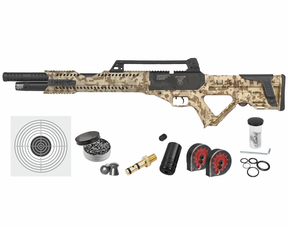Wearable4U Hatsan Invader Edición Limitada .25 Cal PCP, 900 FPS, camuflaje tan, incluye blancos y 150 pellets HGInvade25M2_TargAmmo