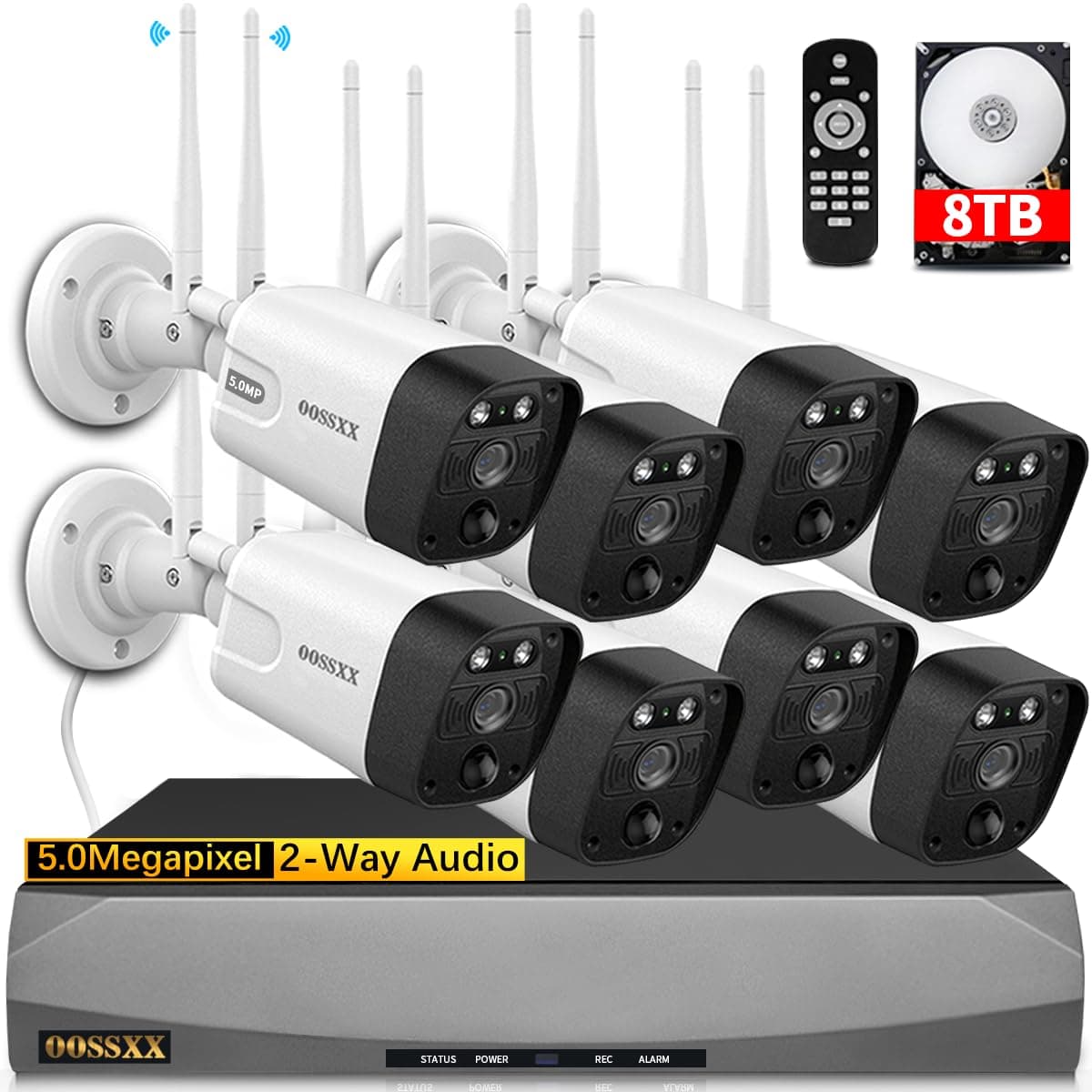 OOSSXX Cámara de seguridad exterior inalámbrica WiFi con detección PIR, audio bidireccional, doble antena, 5.0MP - Sistema de seguridad para el hogar con DVR para vigilancia interior, kit con disco duro de 8TB OSX-WL0804T