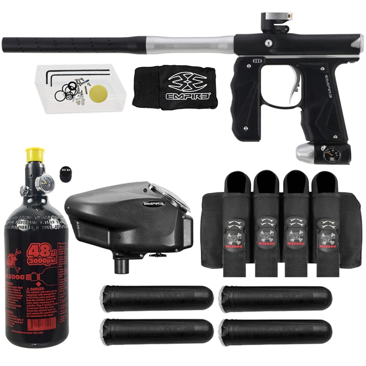 Maddog Empire Mini GS Full Auto con tanque HPA 48/3000, cargador Empire Halo Too y arnés 4 pods - Dust Black/Silver