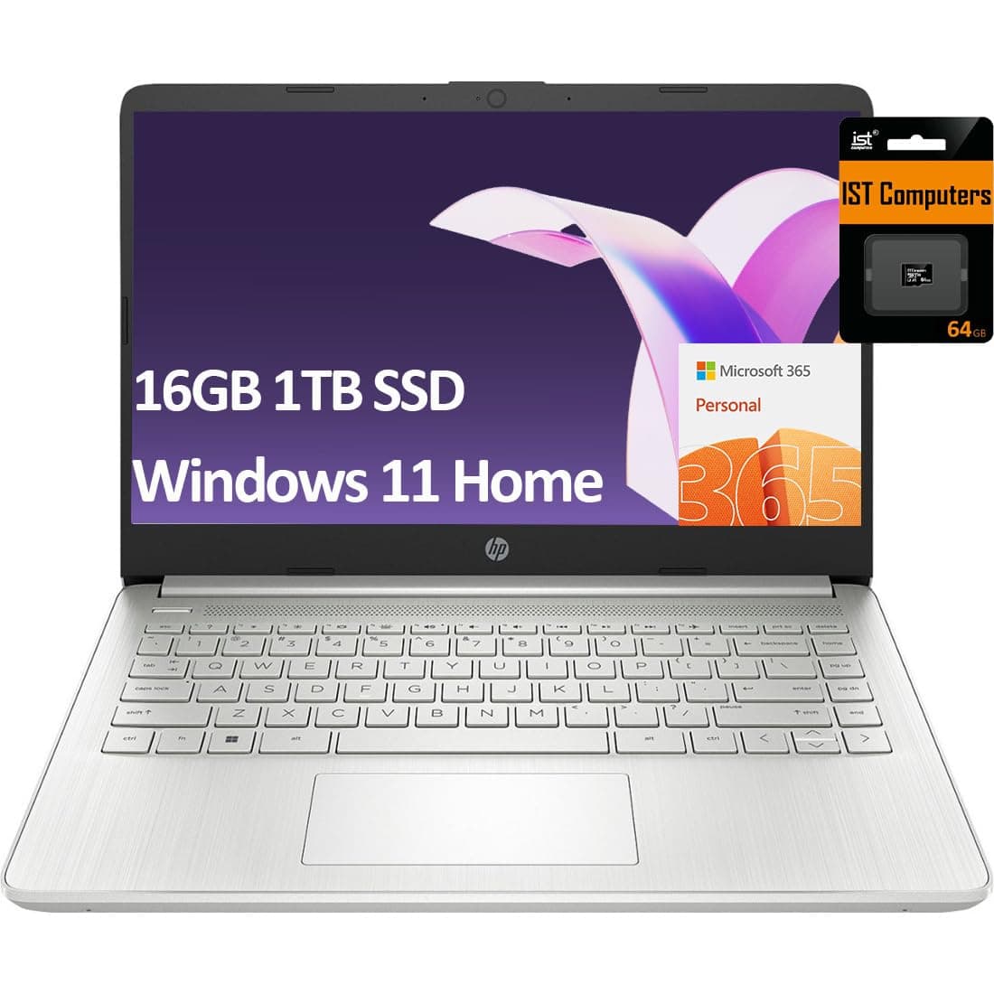 HP portátil ultraligero de 14" para estudiantes y uso doméstico (pantalla de bisel estrecho, Intel Pentium N5030, 16 GB RAM, SSD de 1 TB, Office 365 por 1 año) batería de 11 horas, cámara web, Wi-Fi, lector de tarjeta SD, Windows 11 Home, color plata HP 14 laptop 14dq0052