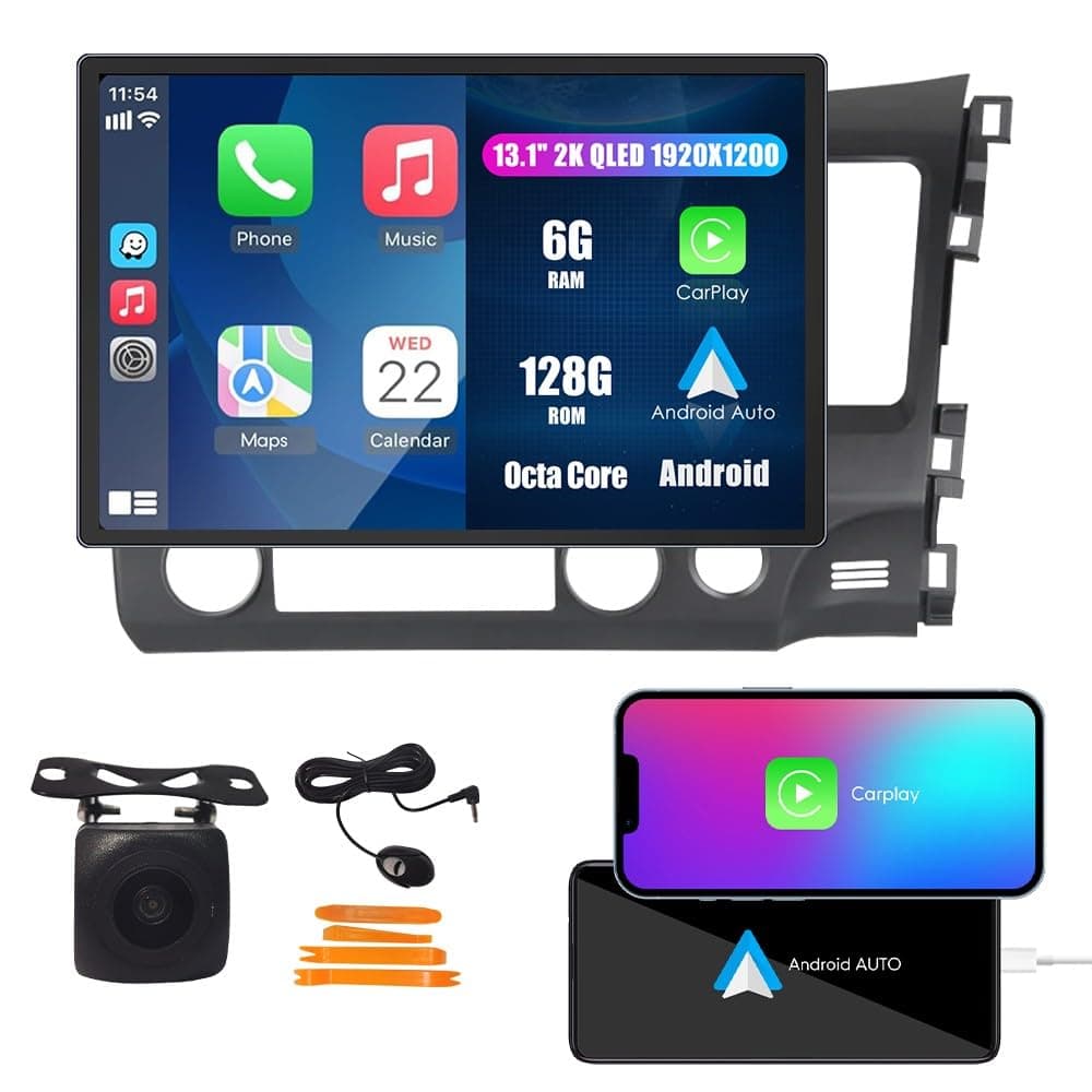 Wostoke Radio Auto con CarPlay y Android Auto, pantalla QLED táctil 13.1" 6GB+128GB para Honda Civic 2004-2011 (RHD) WS-D6991A-1