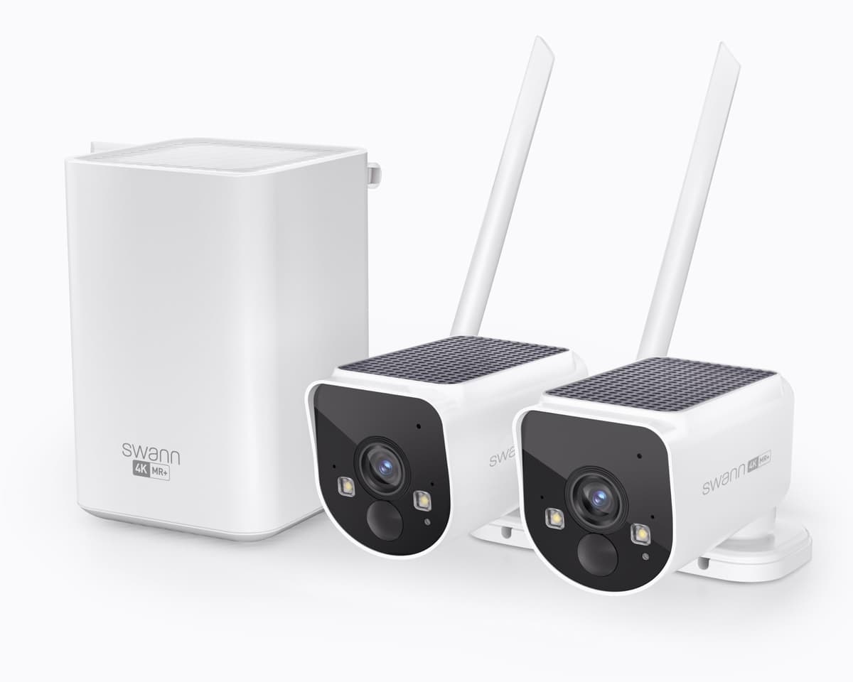 Sistema de Seguridad NVR Inalámbrico Swann MaxRanger 4K 2 Cámaras con Paneles Solares, Mayor Alcance Wi-Fi Exterior, Detección de Personas y Vehículos, Visión Nocturna a Color, Sin Cables, Almacenamiento Local, Sin Cuota Mensual SWNVK-MR4KSD2-US