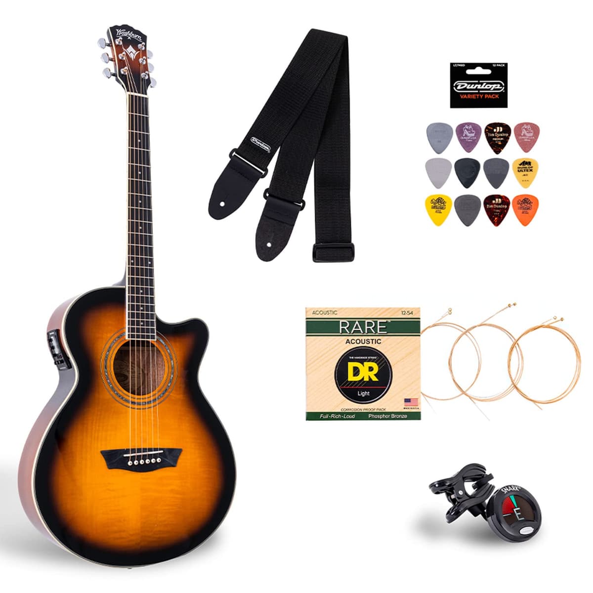 Washburn Festival EA15 Guitarra acústica-electro con cutaway y acabado en maple flameado + accesorios EA15ATB-BNDL