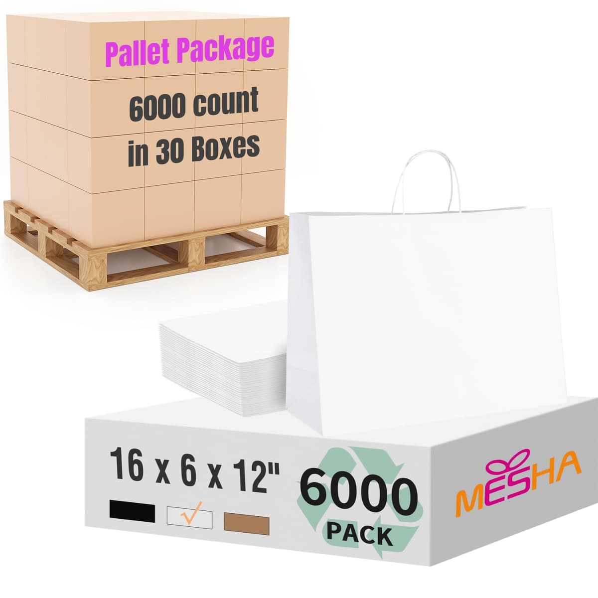MESHA Gift Paper Bags 16x6x12 Inch - 6,000 pack (White)