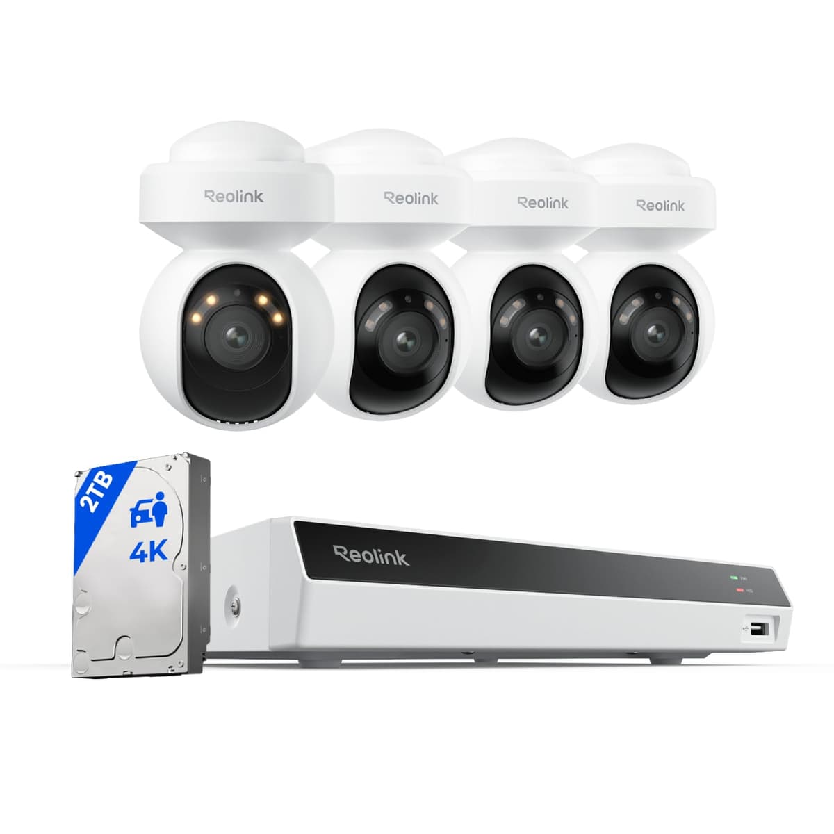 Sistema de Cámaras de Seguridad Reolink 4K con Seguimiento Automático PT, Paneo 355° Inclinación 50°, Cámaras PoE 4K para Vigilancia Domiciliaria Cableadas Exterior, Detección Inteligente por IA, Focos y Comunicación Bidireccional, NVR 8CH 2TB HDD, RLK8-800PT4
