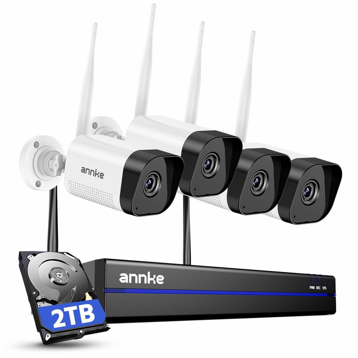 ANNKE Sistema de Cámaras de Seguridad Inalámbrico 4K de 16 Canales, NVR 4K Ampliable con 4 Cámaras Exteriores de 8MP, Disco Duro 2TB, WiFi Doble Banda, Comunicación Bidireccional, Detección de Personas, Grabación 24/7, Resistente al Clima IP66, Compatible con Alexa AU-N98WHR2-94FB-OP