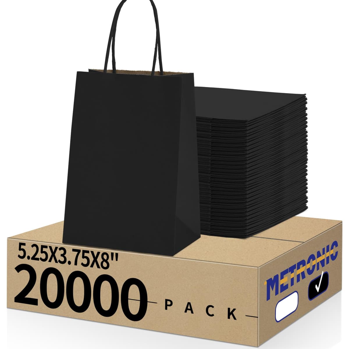 METRONIC - Bolsas de regalo de papel kraft con manijas, 5.25x3.75x8 pulgadas - Pack de 20000 (negro)