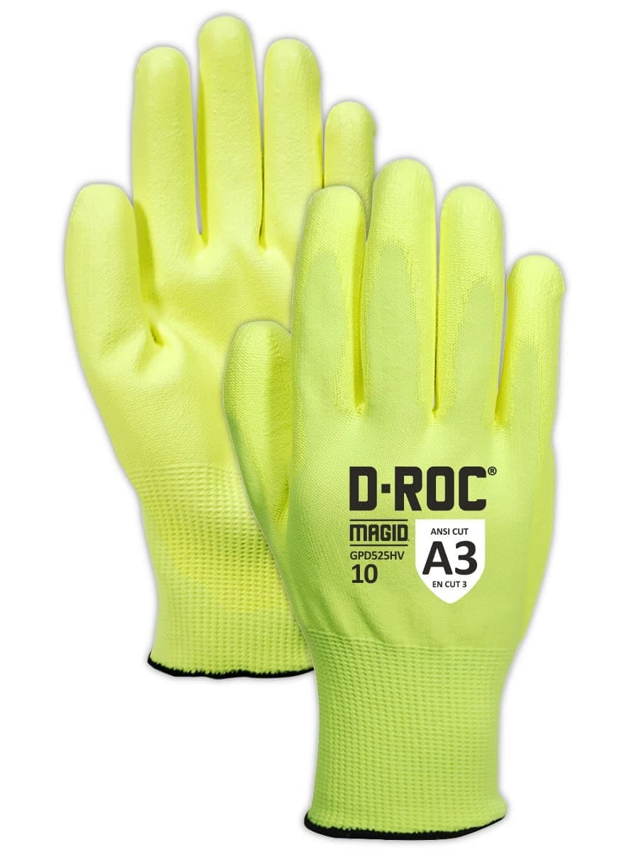 MAGID D-ROC High Visibility Polyurethane Palm Coated Work Glove, 96 Pairs, 9/L, ANSI A3 GPD525HV9-96