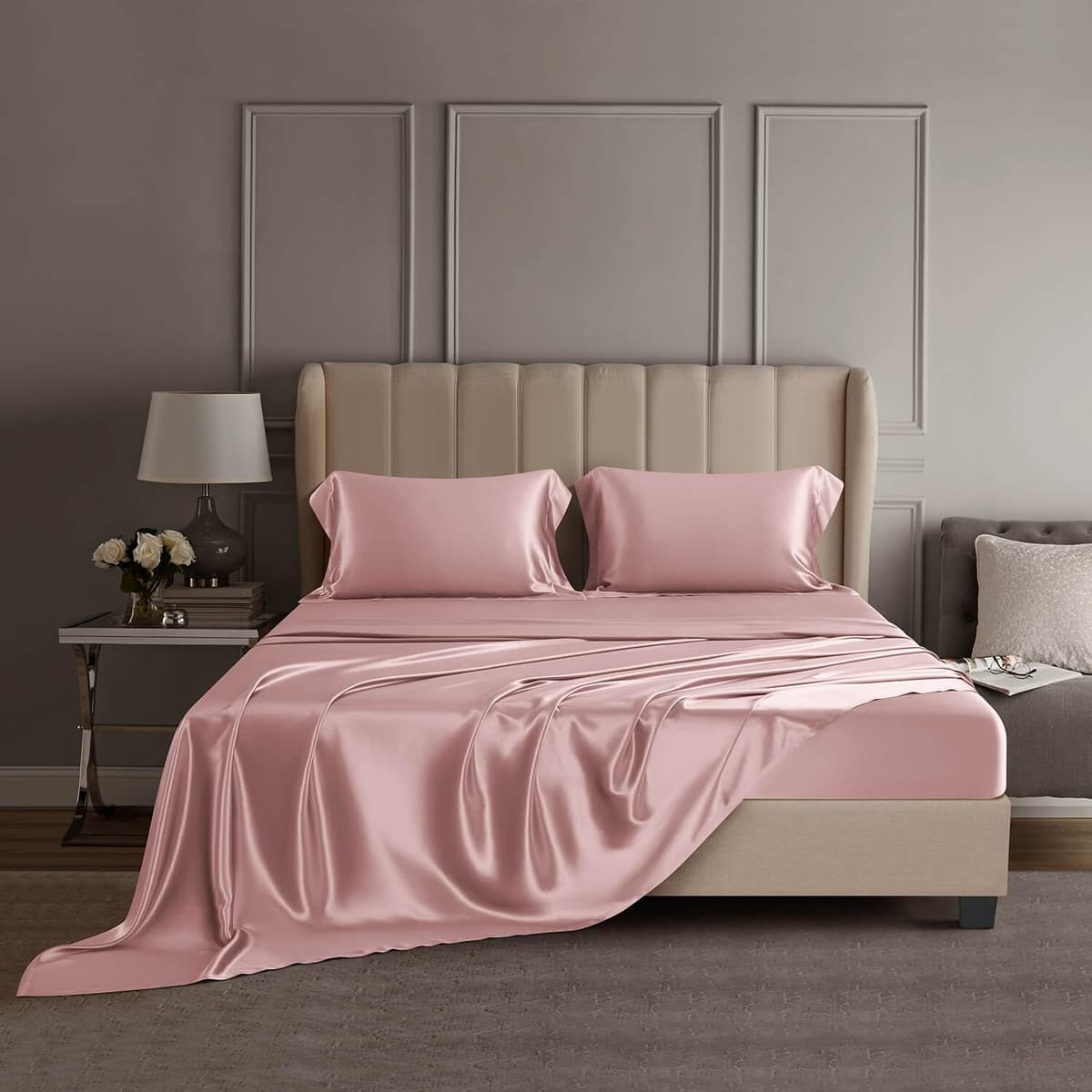 DISANGNI 22 Momme 100% Mulberry Silk - Juego de cama 4 piezas King (Rosa) CDTZ