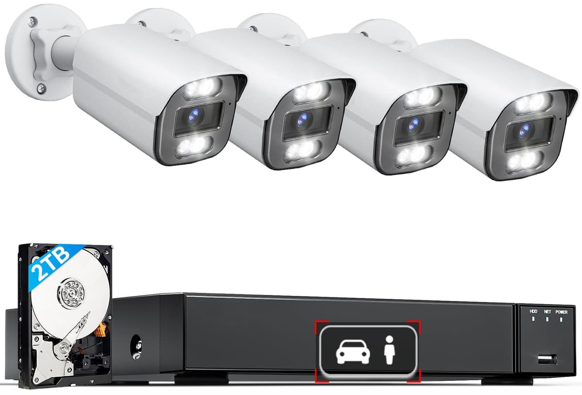 LongPlus Sistema de Cámaras de Seguridad PoE 4K Cableado, 4 cámaras de 8MP para Hogar con Disco Duro 2TB, H.265+, Grabación 24/7, Visión Nocturna a Color con Foco y Transmisión Clara, LP8MC84B2