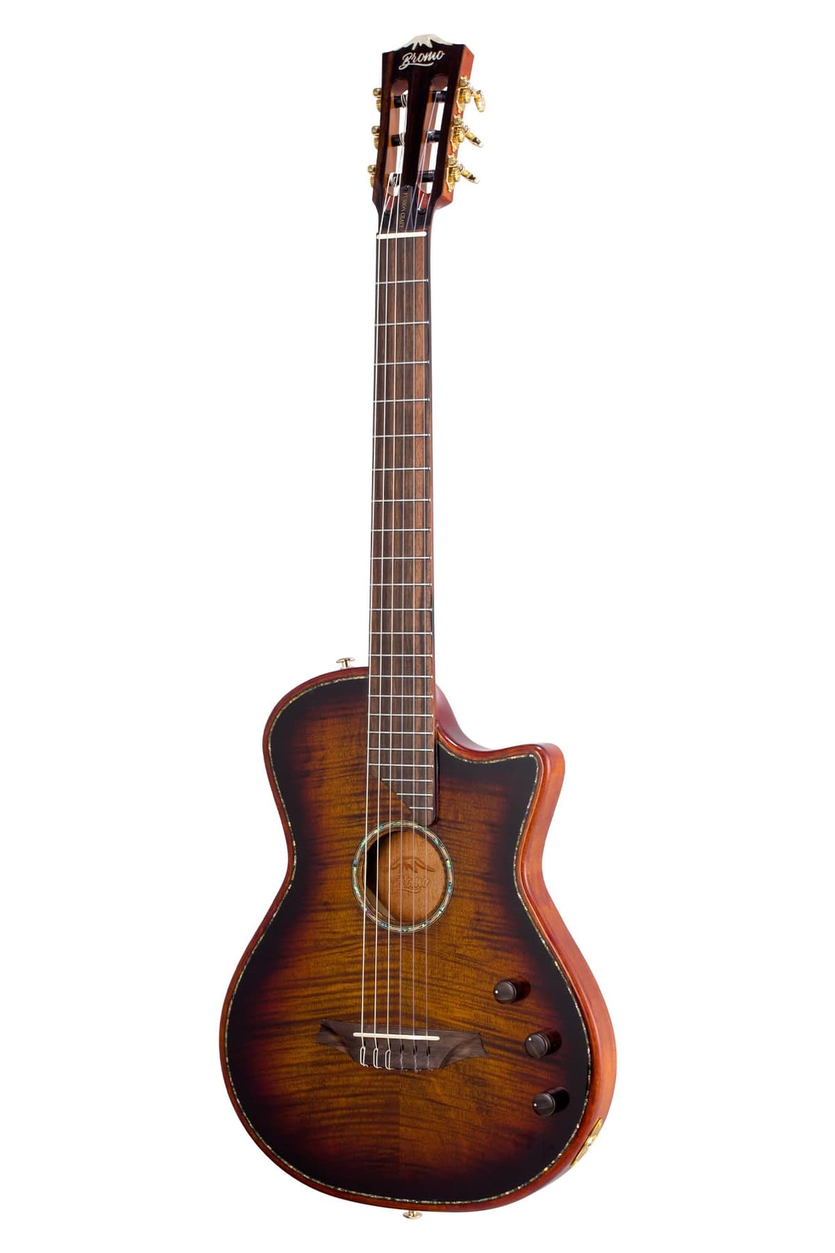 Bromo BEN2C Guitarra eléctrica de cuerdas de nylon, cuerpo semihueco totalmente ahuecado tipo thinline, mástil delgado, doble pastilla, guitarra clásica de fusión para escenario y presentaciones en vivo con estuche rígido (3 Tone Sunburst)