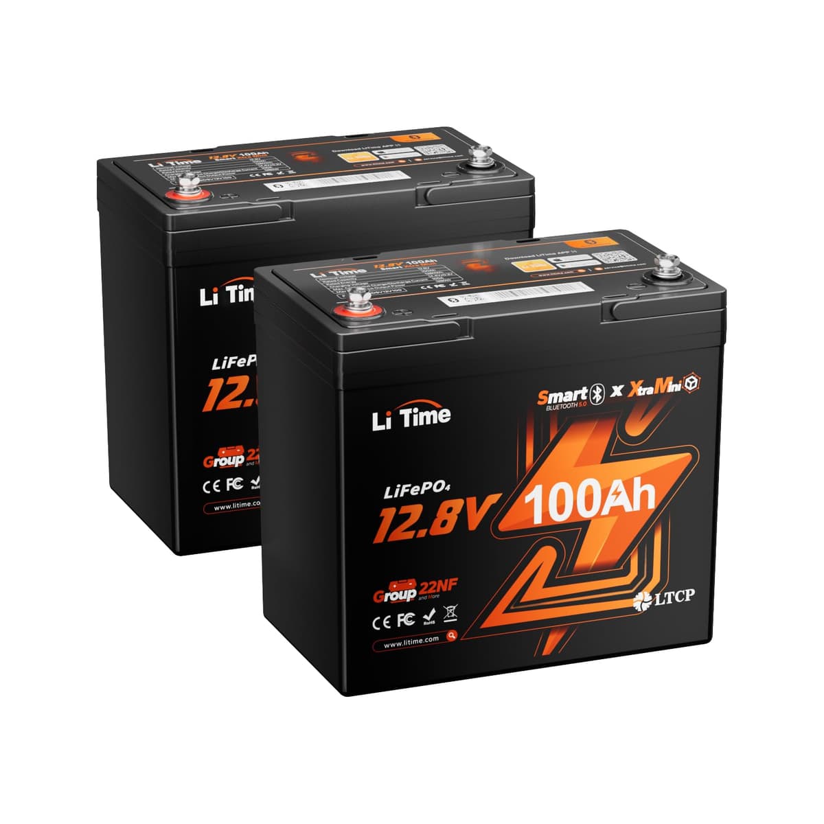 LiTime 12V 100Ah Xtra-Mini LiFePO4 - Grupo 22NF, Bluetooth, ultra-compacta (2-Pack) L12V100-100-Mini-16-A60-Pack2