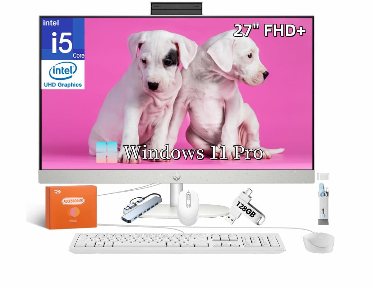 Computadora de Escritorio All-in-One HP, Intel i5 1335U (hasta 4.6 GHz), pantalla IPS antirreflejo FHD de 27", Intel UHD Graphics, 64 GB RAM DDR5, 4 TB SSD, teclado y mouse con cable, Windows 11 Pro, con accesorios RH HP 27 All-In-One Desktop