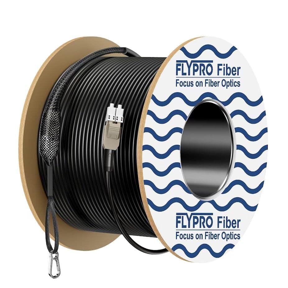 FLYPROFiber Cable patch de fibra OM3 LC a LC blindado para exterior 300 m/984 ft, dúplex multimodo, Uniboot industrial TPU, con kit de ojillo de arrastre, 10GB/40GB, 50/125 µm, OD 5 mm OM3-LC-LC-DX-300M-TPU-ODAR-1pack