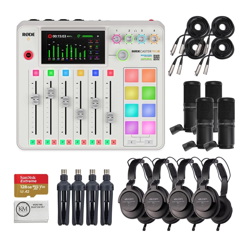 Rode RODECaster Pro II Kit de producción con 4 micrófonos de podcast y 128GB microSD (Blanco)