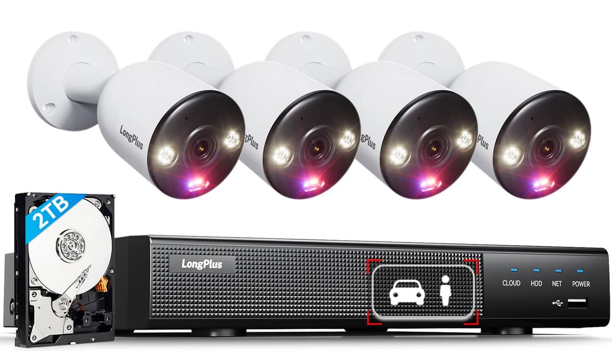 Sistema de Cámaras de Seguridad Doméstica LongPlus Smart 4K 8CH, 4 Cámaras IP PoE Cableadas para Exterior con Detección de Personas/Vehículos, NVR 8CH 12MP con Disco Duro 2TB para Grabación 24/7, LP8ME84B1
