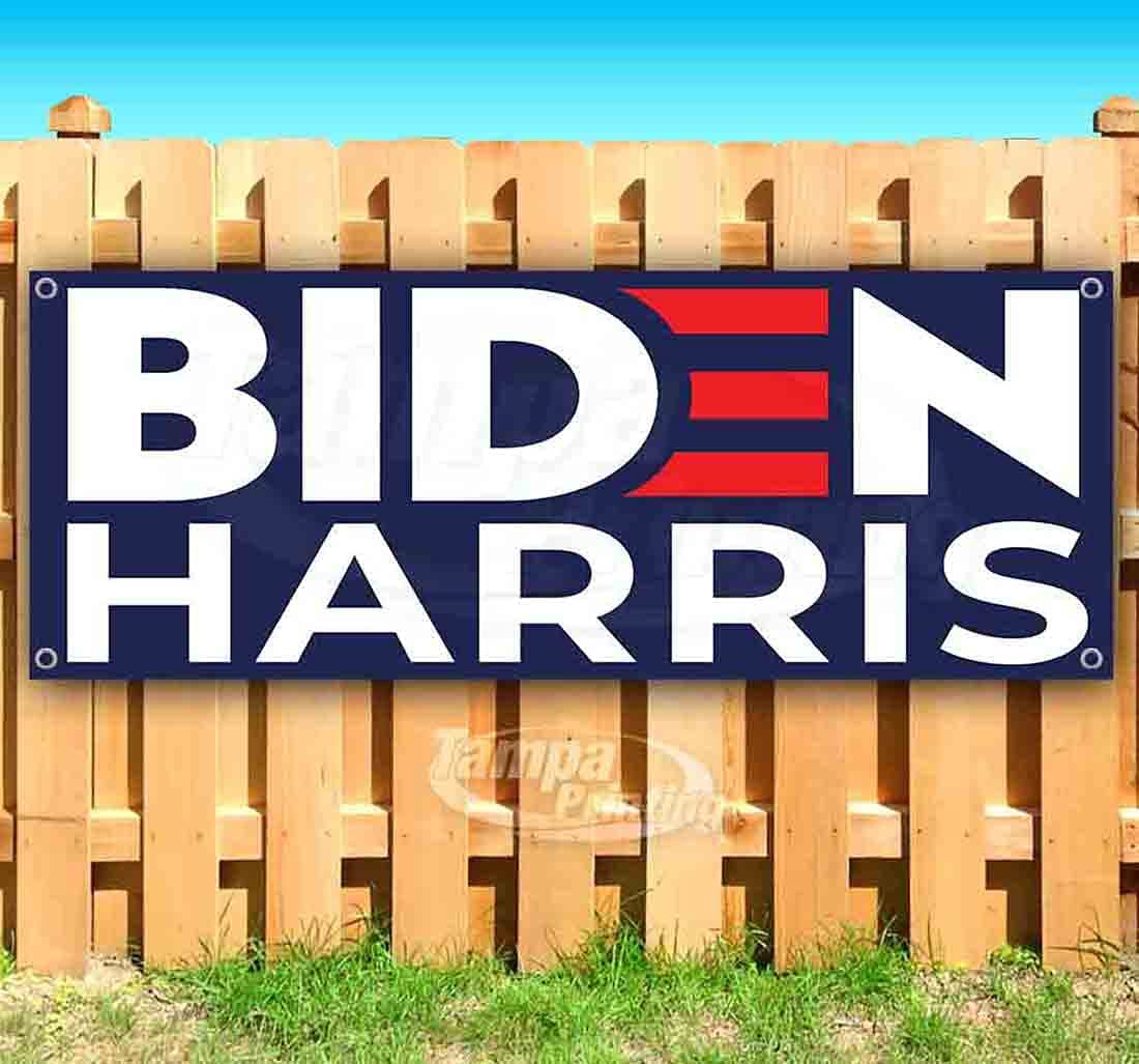 TampaPrinting Banner Biden Harris 13 oz | Vinilo Resistente No Textil | Un Solo Lado con Ojales Metálicos 120 x 270 biden harris blue bg 2-13