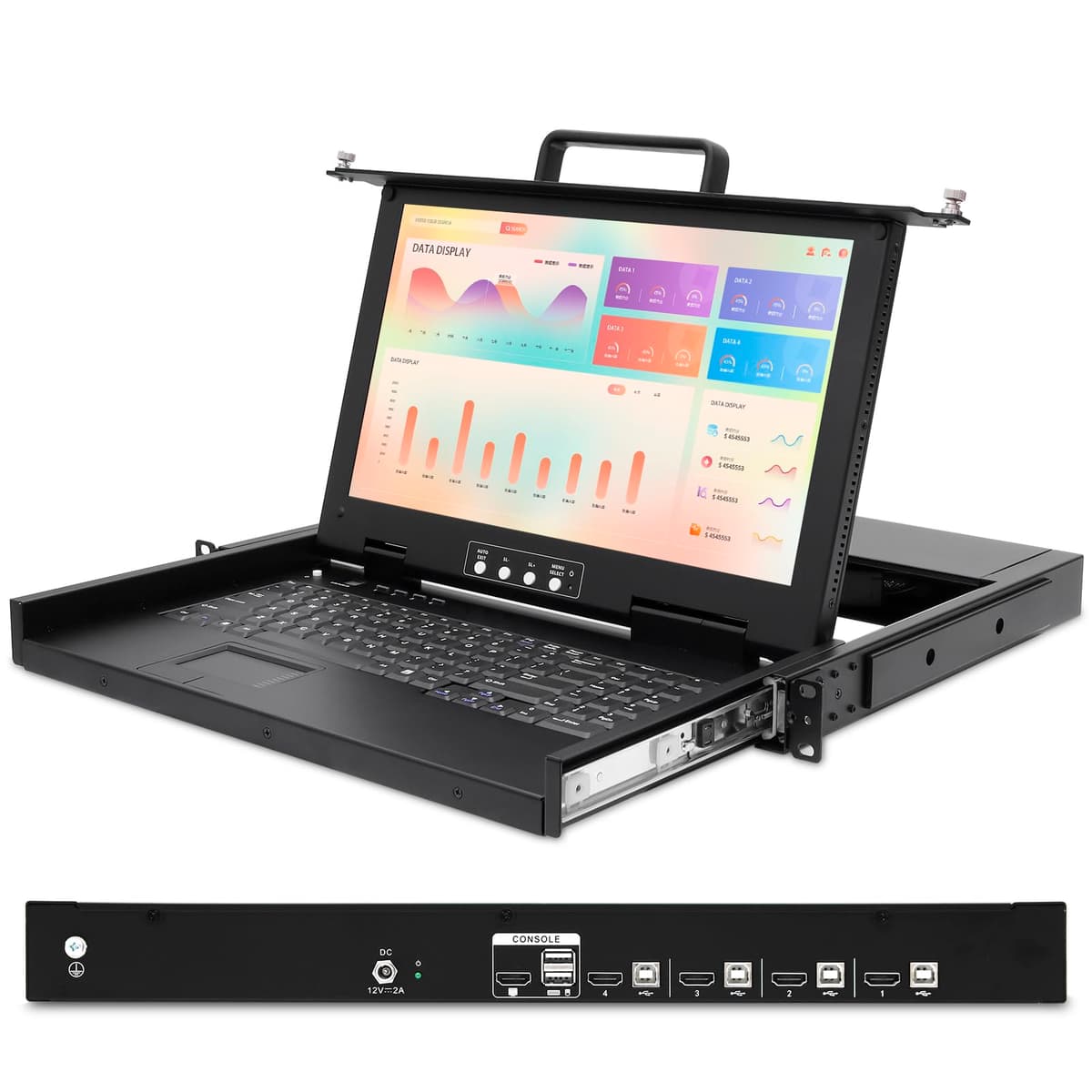 Kinan 4 Port Rack Mount KVM Console 1U con Monitor 15.6" FHD, Teclado y Touchpad HDMI Kinan-HT6724