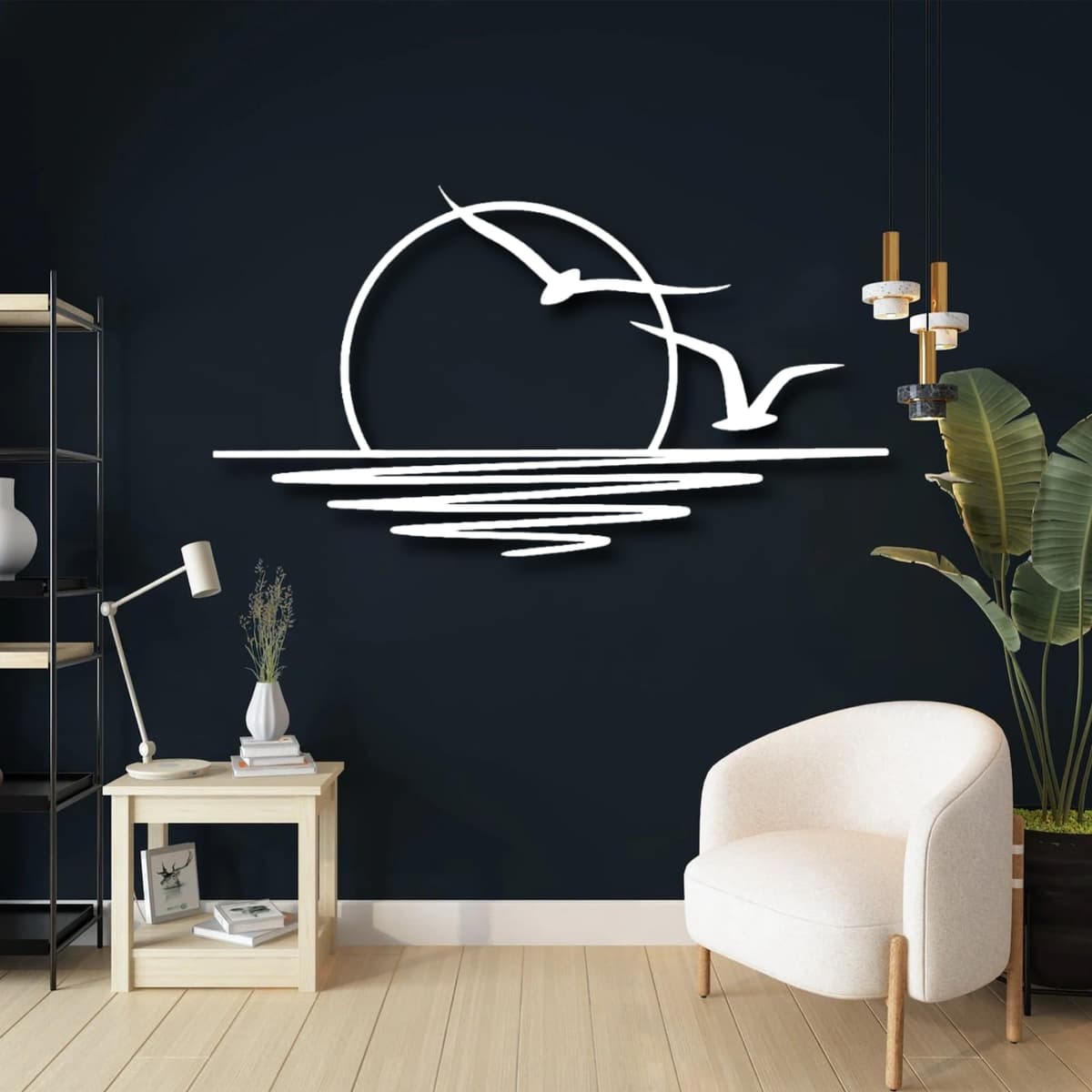 lunwall Sunrise Metal Wall Art, Seagulls & Sunset Metal Wall Decor (69 x 38 inch, white)