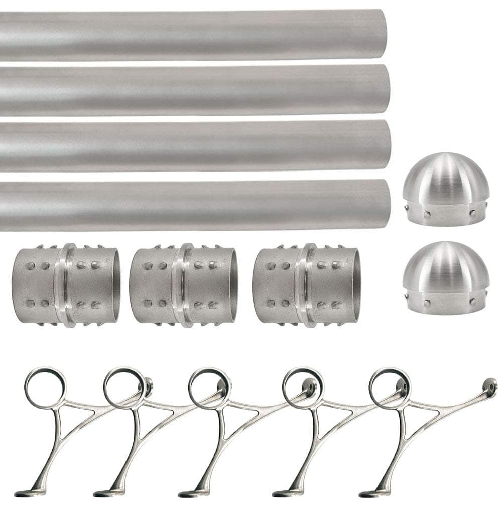 Top Hardware juego de riel para pies para barra extra largo 2" OD - 20 ft, acero inoxidable cepillado, conectores internos, soportes combinados y tapas abombadas FTXRA-RL-D-2"-20