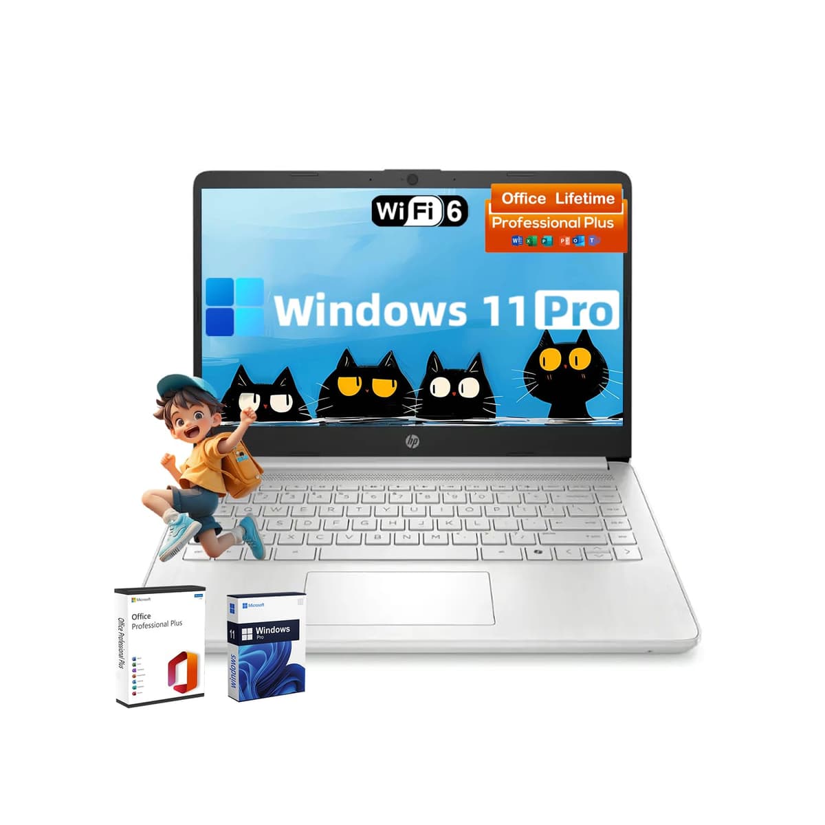 HP N-Series 14" - Windows 11 Pro + Office Lifetime, Intel N150, 16GB RAM, 128GB UFS + 256GB microSD, Plata
