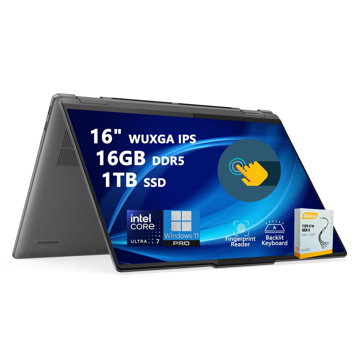 Lenovo Yoga 7 16 2 en 1 PC portátil con IA | Pantalla táctil IPS WUXGA de 16" | Intel Ultra 7 155U de 12 núcleos | 16GB DDR5 1TB SSD | Cámara FHD IR con retroiluminación, lector de huellas, Thunderbolt 4 | Windows 11 Pro con accesorio DLCA