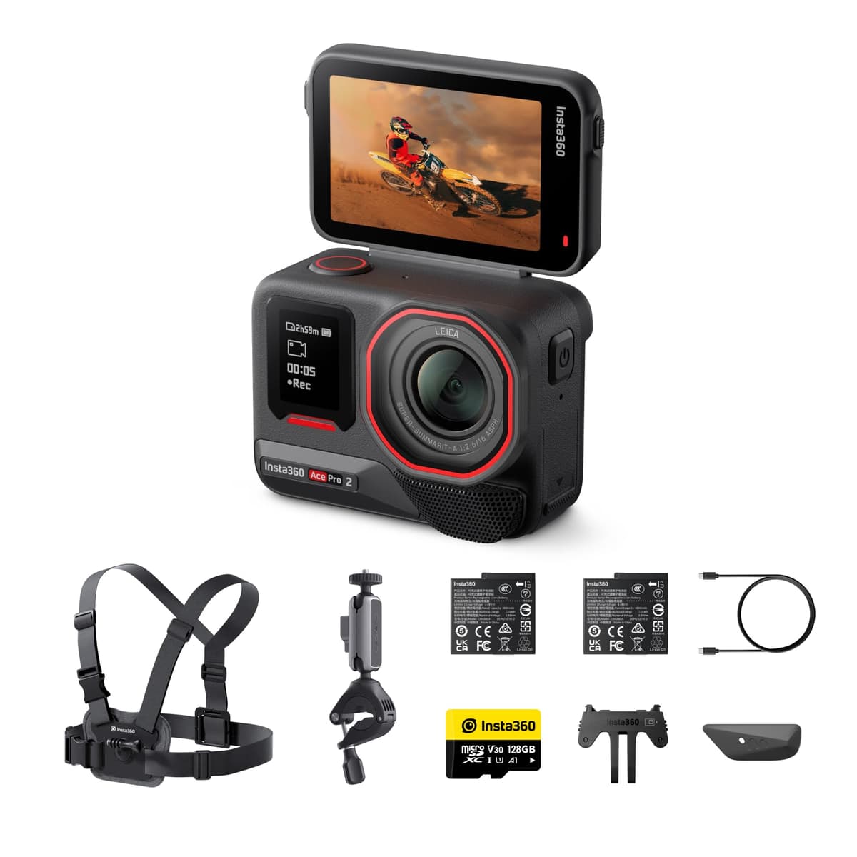 Insta360 Ace Pro 2 Bike Bundle Dual Battery - Cámara de acción 8K resistente al agua co-diseñada con Leica CINSBBGA-2B-BI