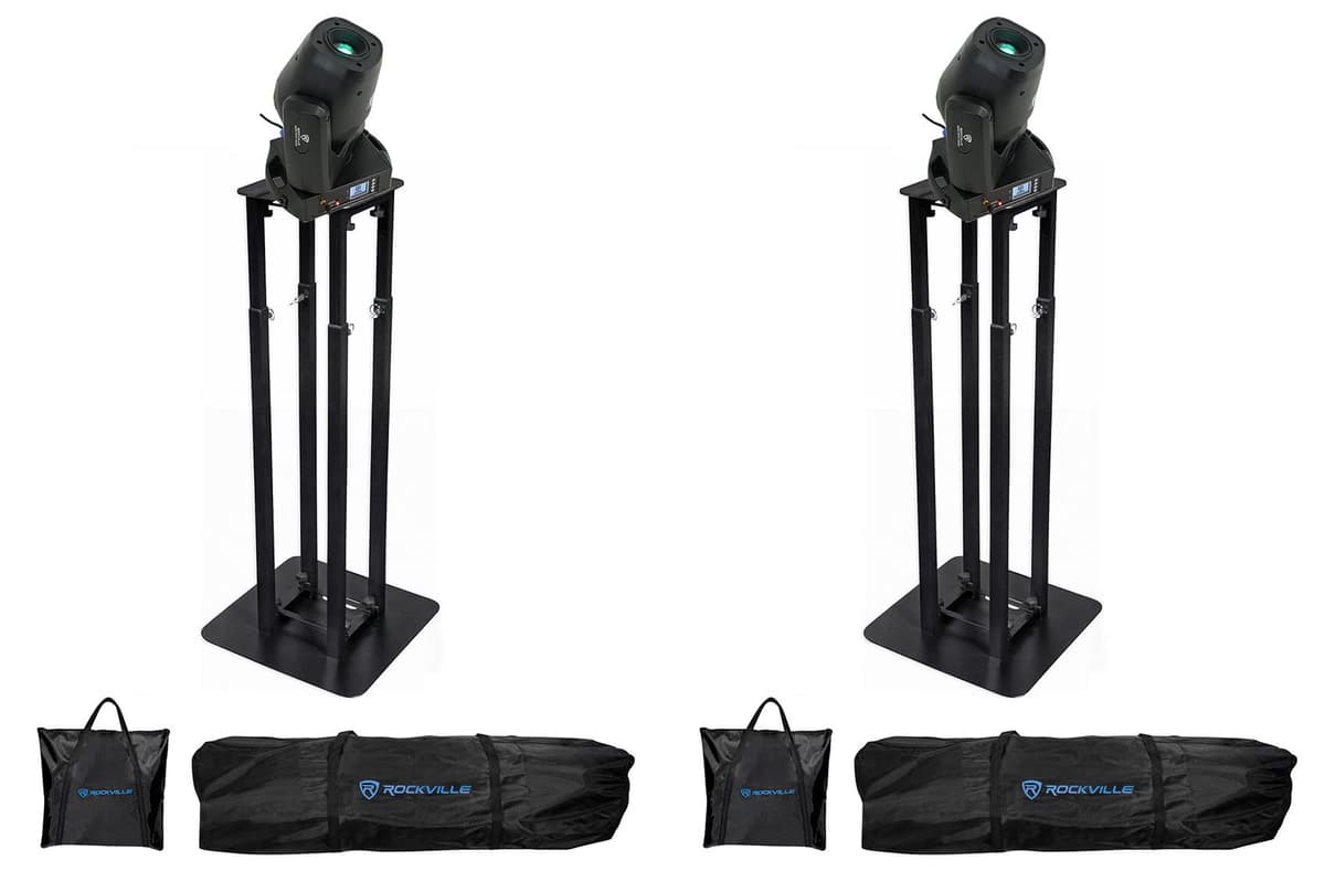Rockville ROCK SPOT Bundle - 2x 260W Moving Head Spot + 2x RTP32B Totem Stands con scrims y fundas (2) ROCK SPOT 260W+(2) RTP32B