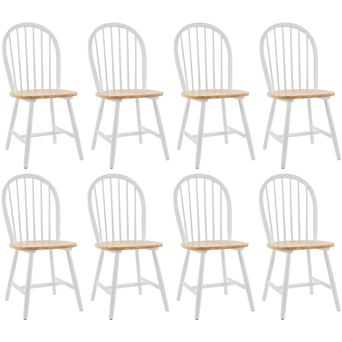 chairus Juego de 8 Sillas de Comedor Estilo Windsor Blanca, Asiento de Madera, Respaldo de Espiga 1101