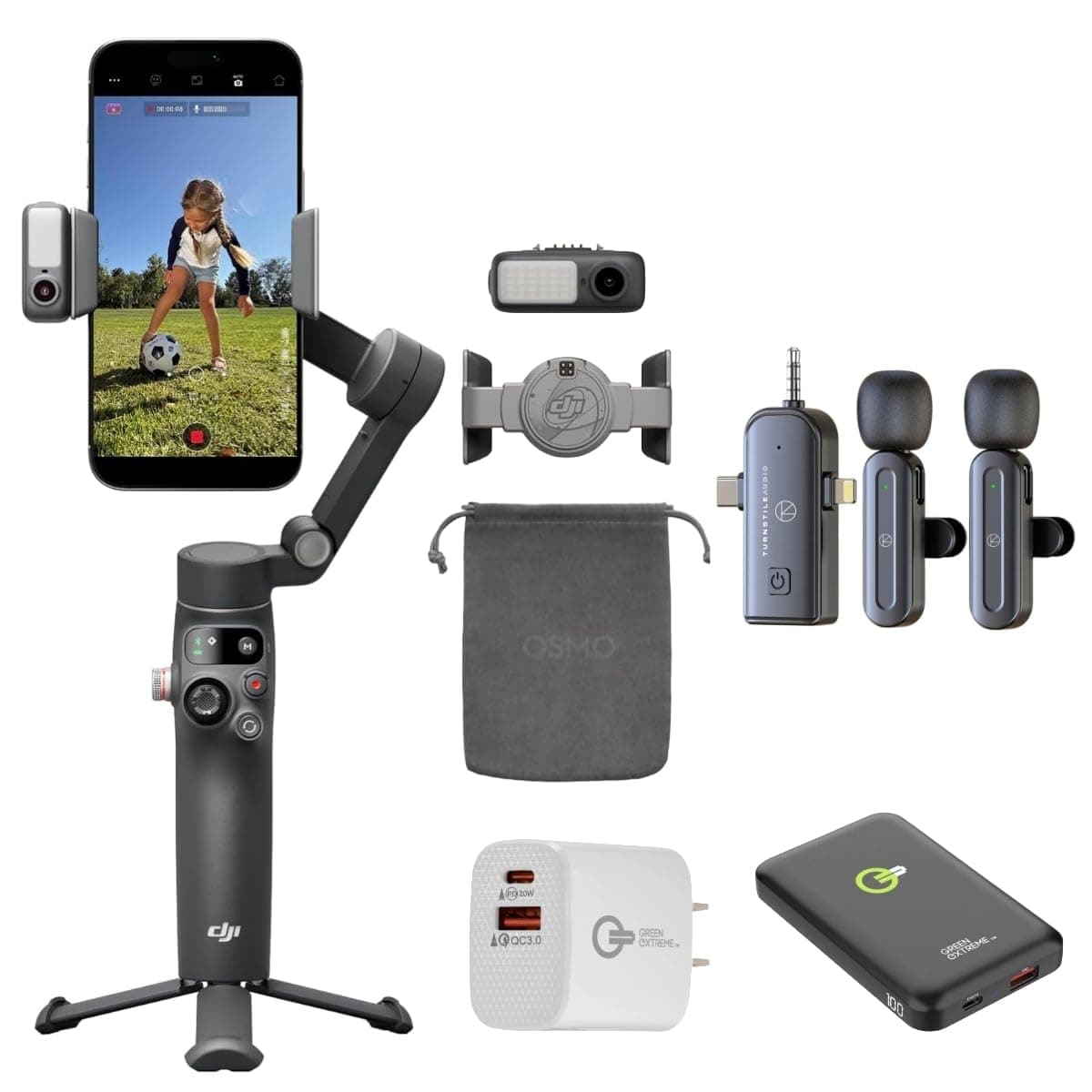 Estabilizador Gimbal DJI Osmo Mobile 8 para teléfono, seguimiento nativo con audio e iluminación, rotación panorámica de 360°, varilla extensible y trípode, estabilización robusta de 3 ejes + set de micrófono inalámbrico + cargador + cargador de pared