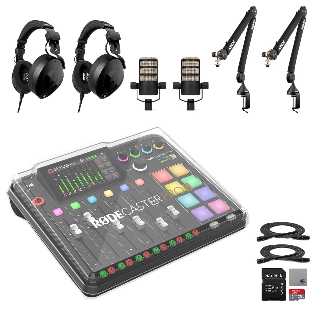 Rode RODECaster Pro II Integrated Audio Production Console con 2x Rode PodMic, 2x PSA1+ Boom Arm, 2x NTH-100, microSD 32GB, cable XLR y paño StreamEye Setup 2
