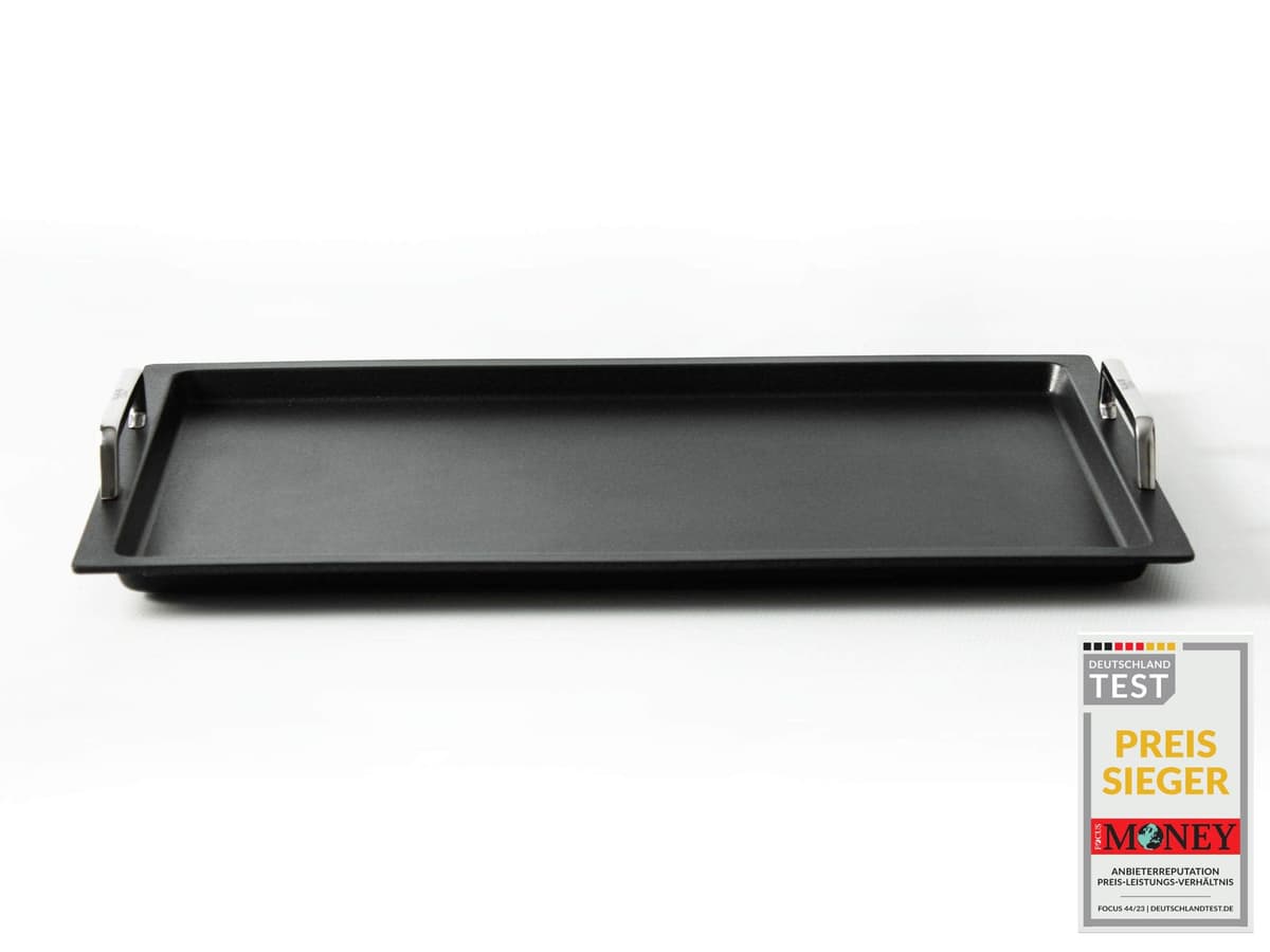 AMT GastroGUSS "Klaus Grillt" Bandeja GN 1/1 53x33 cm, 2 cm, con manijas acero inoxidable, Lotan antiadherente AMZN-KG-25333-G