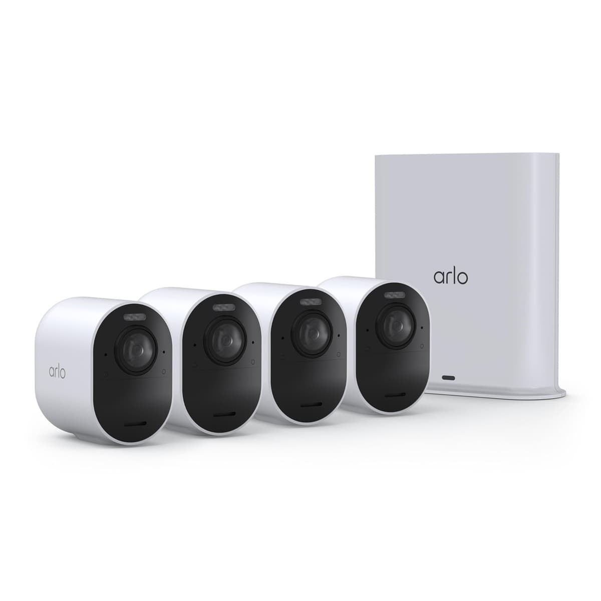 Cámara de Seguridad Arlo Ultra 4K HDR (3.ª Generación, Lanzamiento 2025) + SmartHub, Alimentación por Batería, Respuesta de Emergencia, Subtítulos de Eventos con IA, Prueba de 1 Mes del Plan Secure, Campo de Visión de 180°, 4 Cámaras, Blanco VMS5450-100NAS