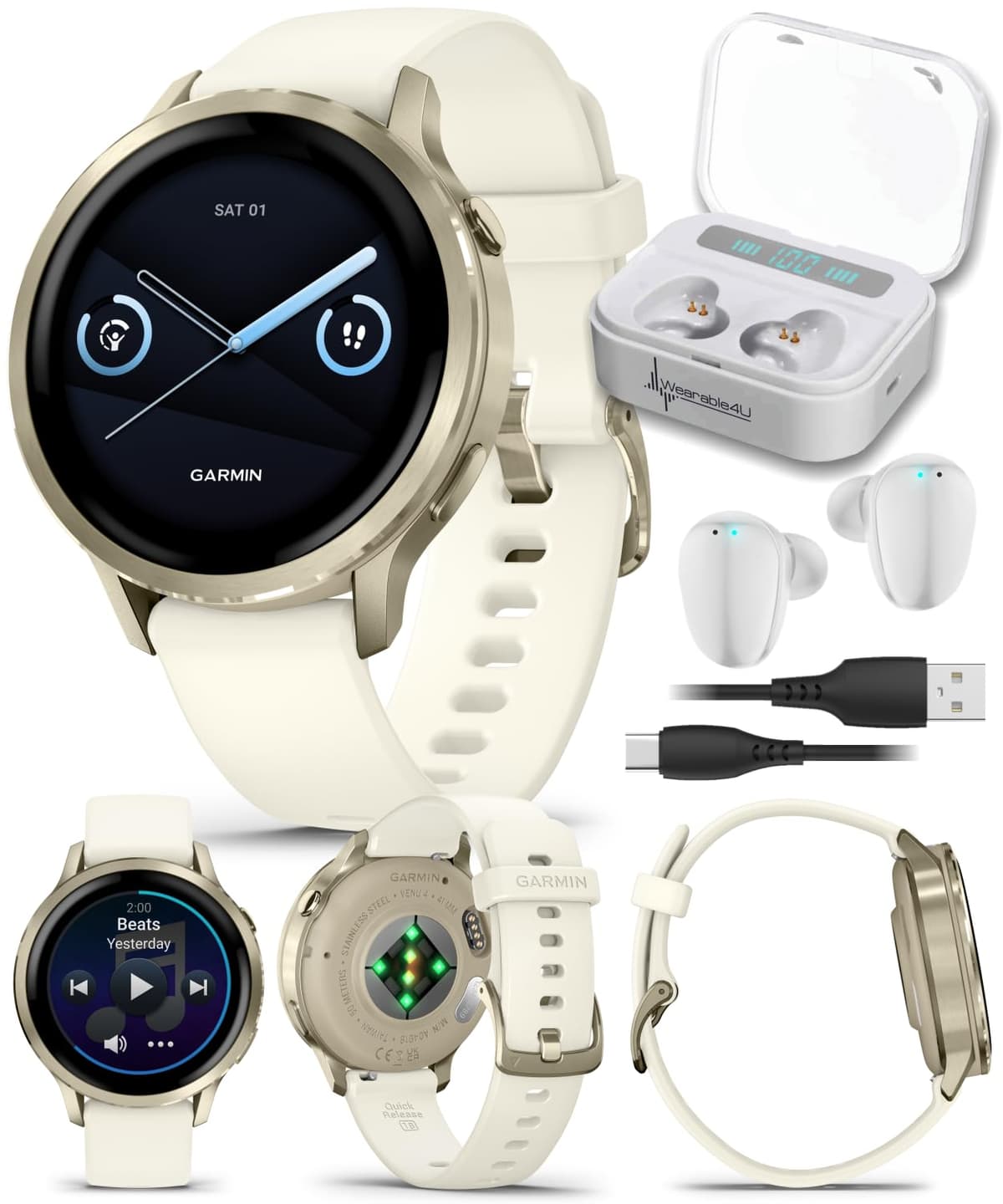Wearable4U Garmin Venu 4 41mm Lunar Gold con banda Bone Silicone + Earbuds blancos TWS X7-1