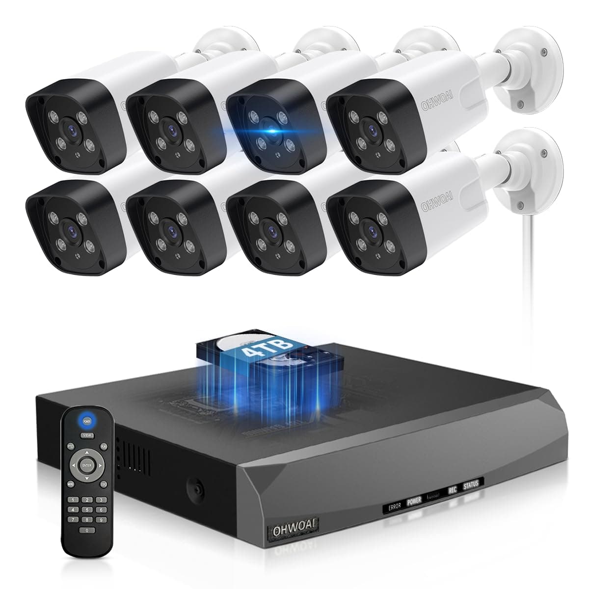 OHWOAI «Ángulo amplio de 130° y audio bidireccional» Sistema de cámaras de seguridad exteriores, cámaras cableadas IP, vigilancia en video 4K para el hogar, kits DVR de vigilancia CSOH-04SP8MP04-8ch+3.5"4TB-BW