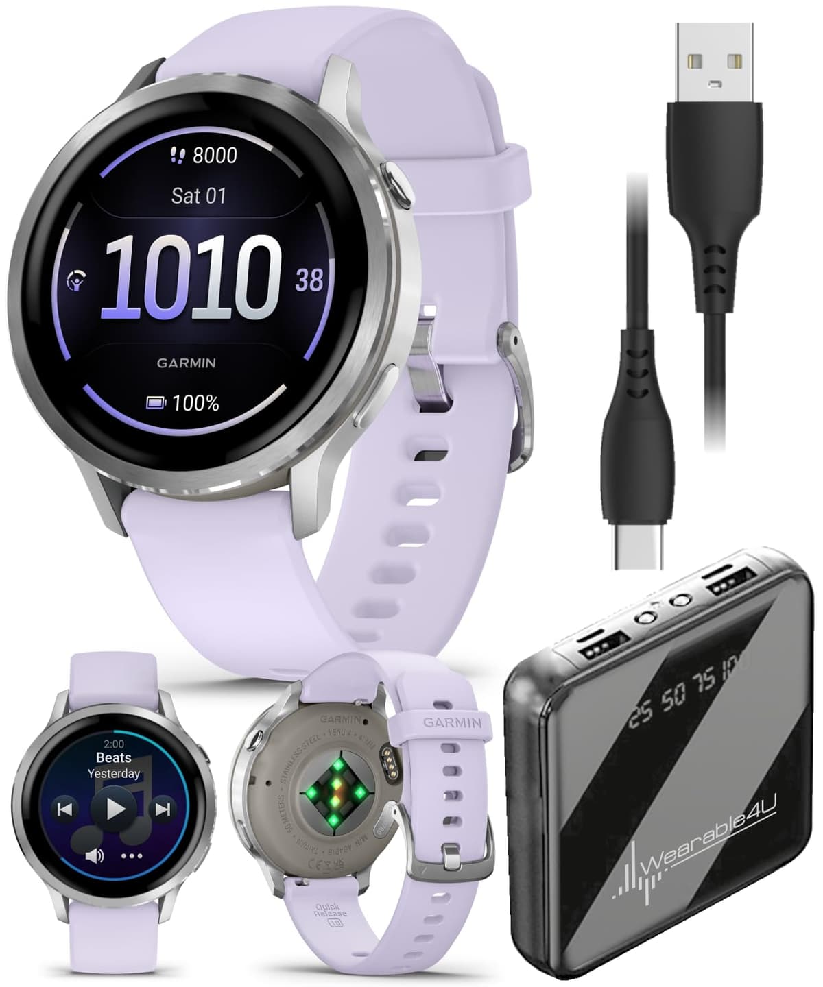 Wearable4U Garmin Venu 4 41mm Silver con banda Periwinkle + PowerBank