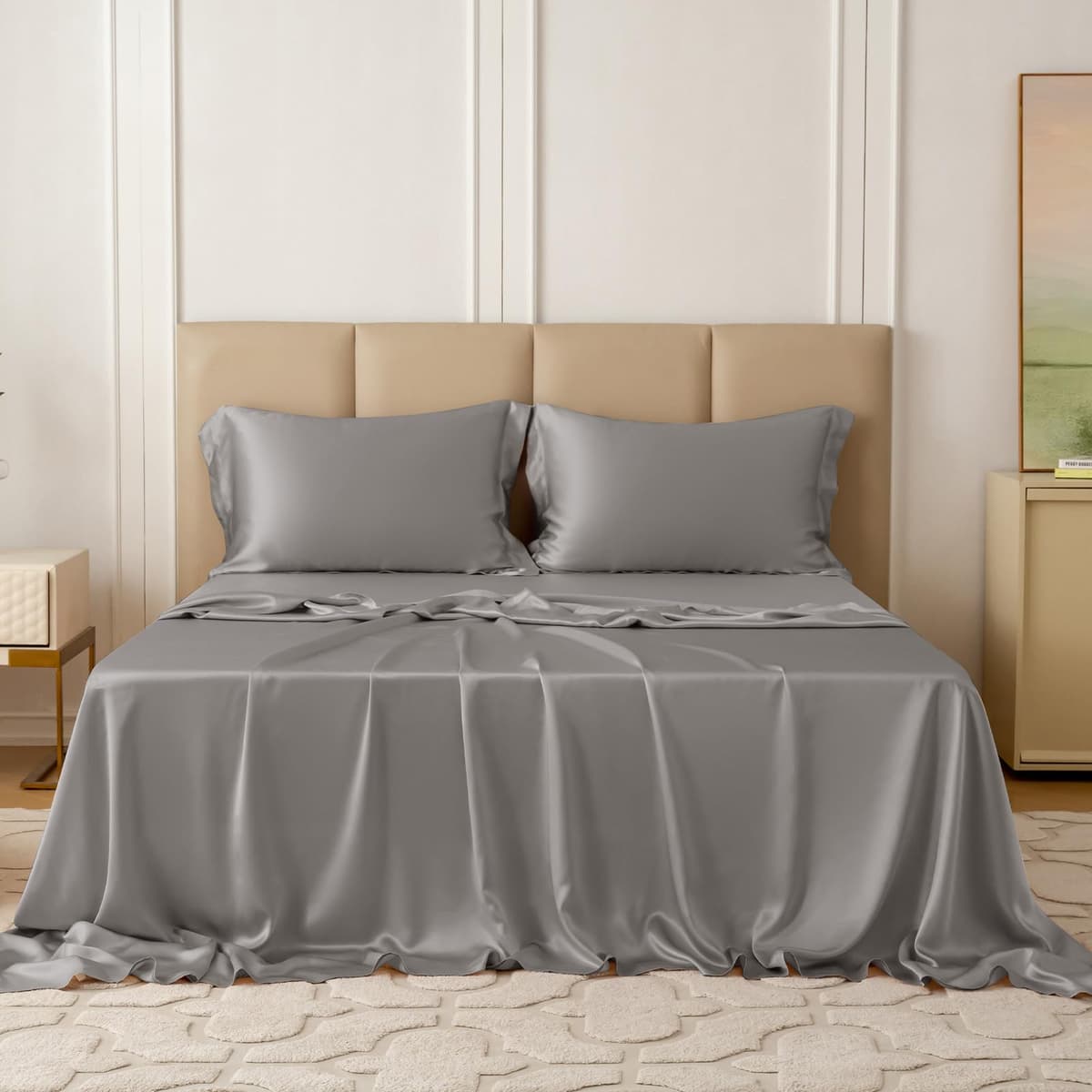 THXSILK Juego de sábanas de seda 4 piezas 22 Momme 100% seda Mulberry (King, Grey)