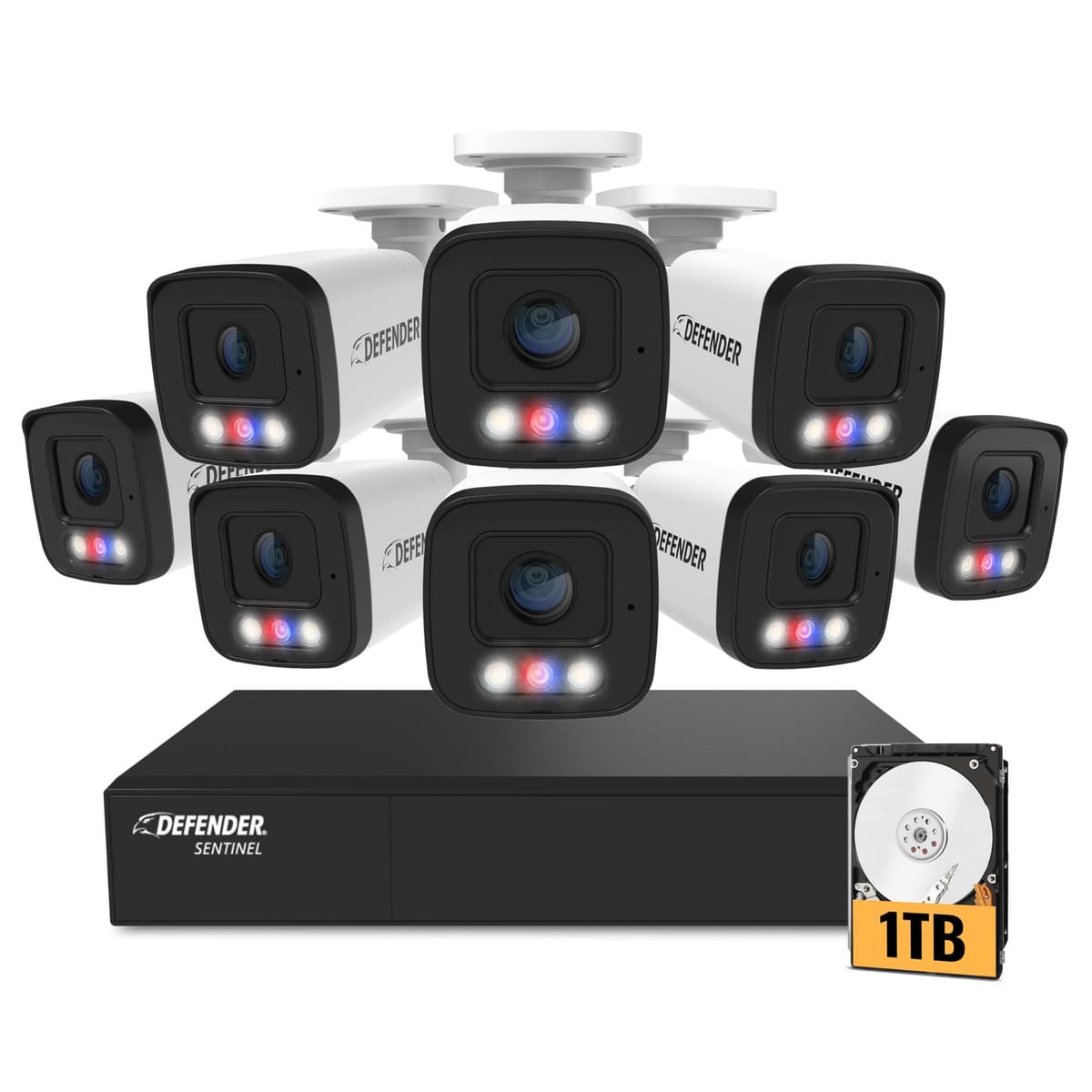 Defender AI Sentinel Potenciado 4K 8CH PoE Cámara de Seguridad, 8 Cámaras Metálicas para Exterior con NVR, Disco Duro 1TB, Detección Inteligente de Personas, Luces Azul/Roja, Compatible con la App Empower NS8B8A-1T