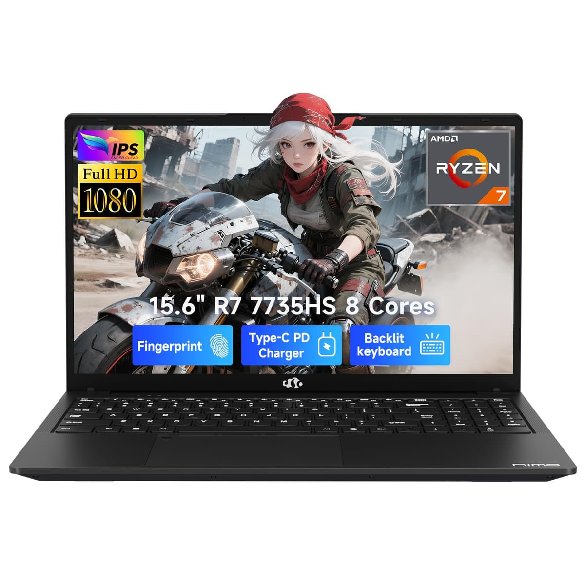 NIMO Laptop Gamer 15.6" IPS FHD, AMD Ryzen 7 7735HS (8C/16T, hasta 4.75 GHz), 16GB DDR5, 512GB SSD, Gráficos Radeon 680M, 100W Type-C, Teclado Retroiluminado con Lector de Huellas ARN21S