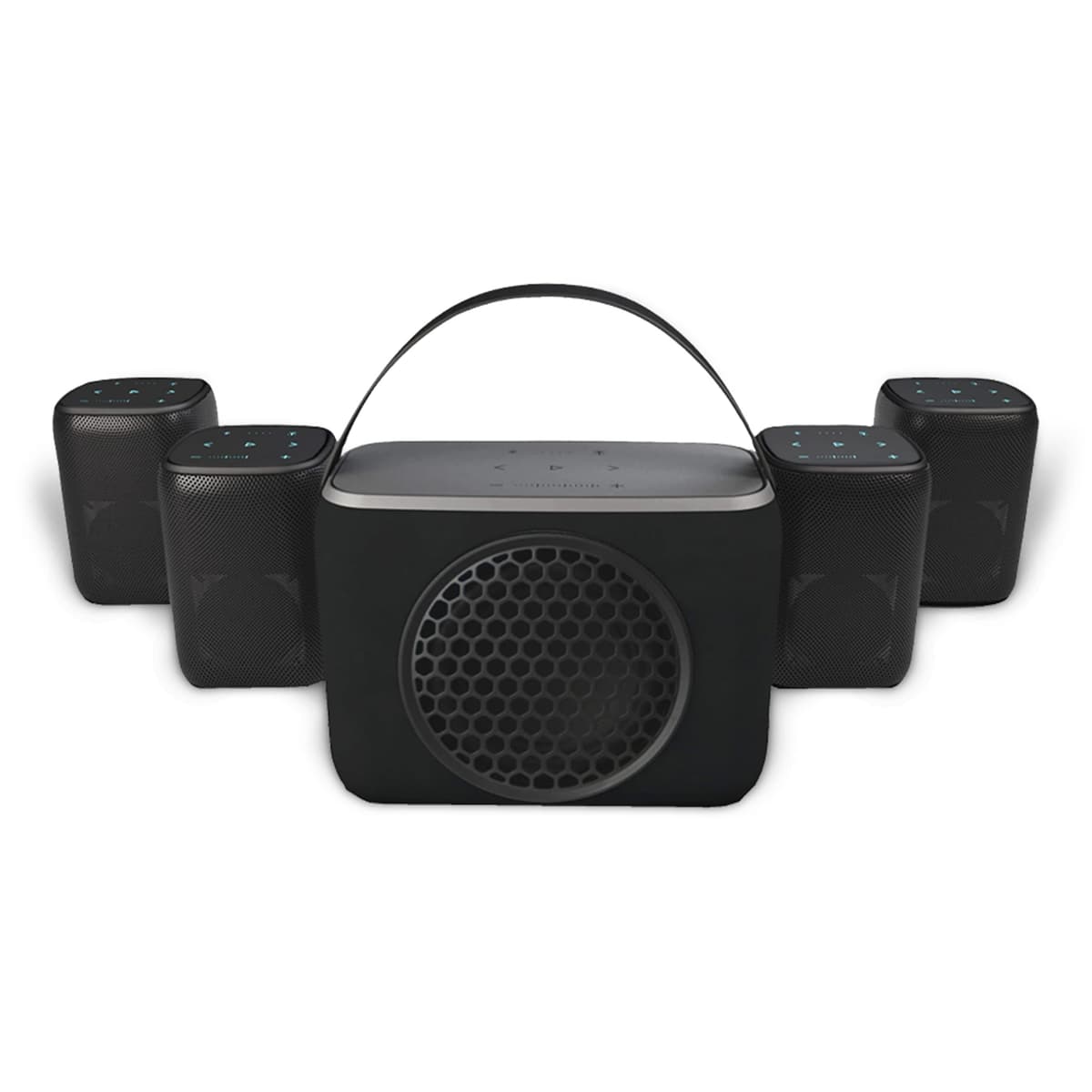 Rocksteady Stadium 2 Paquete: cuatro parlantes + subwoofer - sonido inmersivo, enlazable hasta 150 ft, hasta 30 h de batería RS2-CMBO4.1