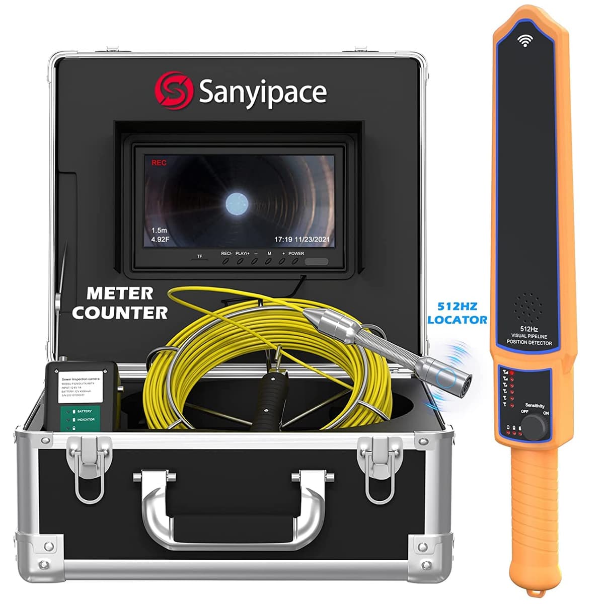 Sanyipace Cámara de Inspección de Alcantarillado 65FT/20M con Localizador, Monitor 9", Transmisor 512Hz F929DJTX-65FT