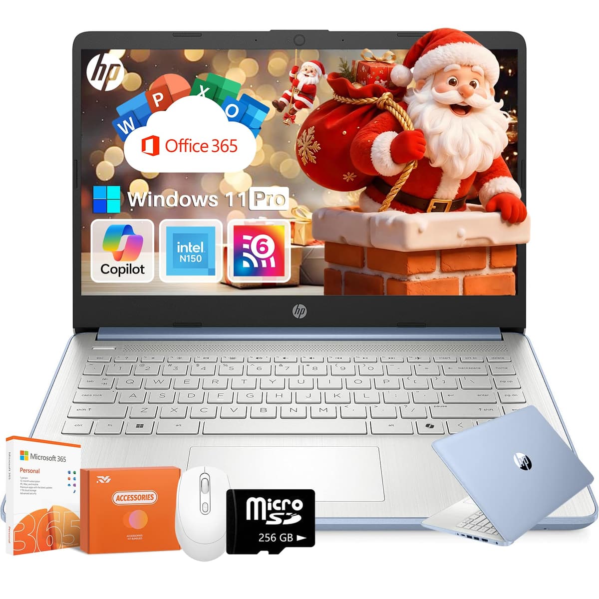 HP 14 pulgadas Laptop, Procesador Intel N150, 16 GB RAM, 384 GB Almacenamiento (128 GB eMMC + 256 GB MSD), Copilot AI, Windows 11 Pro, Wi-Fi 6, Cámara HD, 1 año Microsoft 365, Larga duración de batería, para estudiantes y negocios