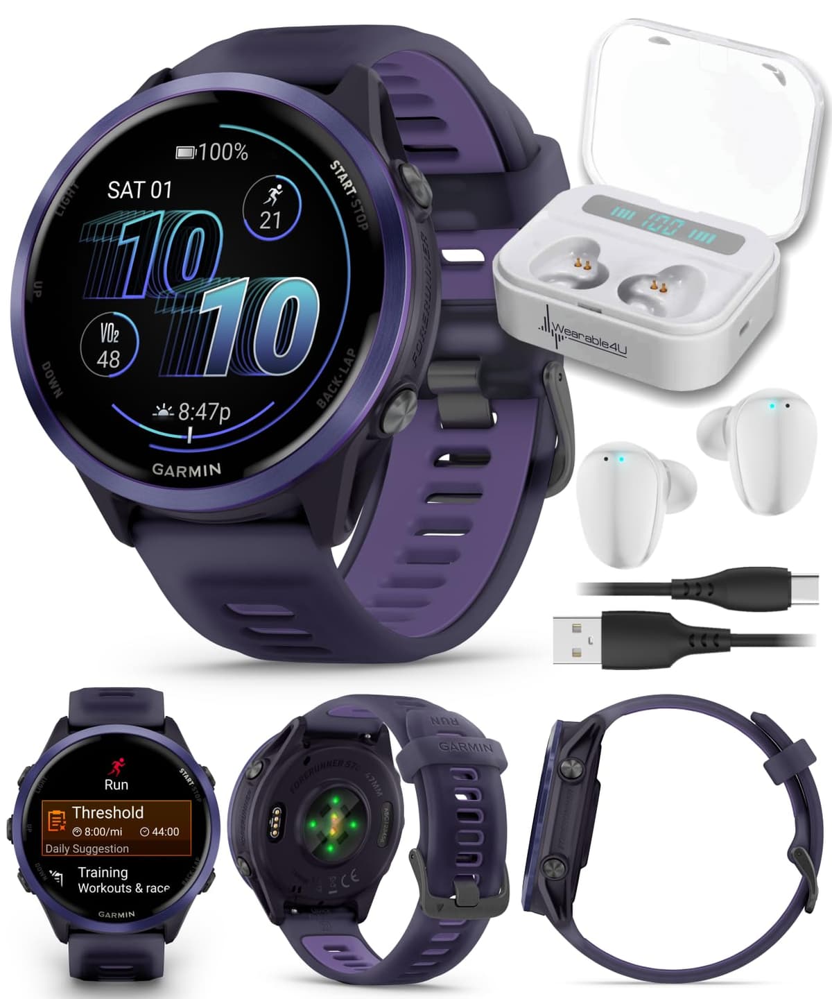 Garmin Forerunner 570 47 mm Reloj Inteligente Avanzado GPS para Correr y Triatlón Pantalla AMOLED, Entrenamiento y Recuperación, Aluminio Índigo con Correa Translúcida Púrpura Imperial/Índigo y Pack con Auriculares Wearable4U Blancos TWS X7-1