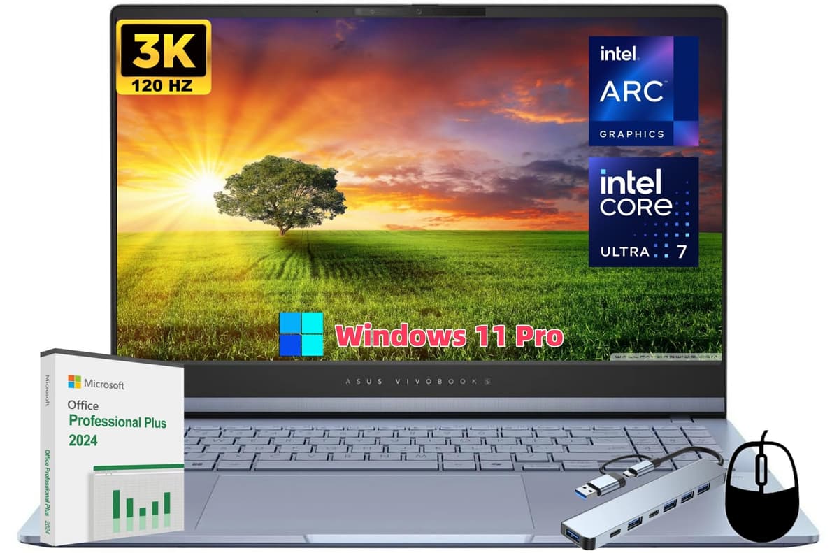 ASUS Vivobook S 15 OLED Laptop, pantalla OLED 3K de 15.6" 120 Hz, Intel Ultra 7 155H, gráficos ARC, 16 GB RAM, 1 TB SSD, teclado retroiluminado, Wi-Fi 6E, Windows 11 Pro y licencia de Office de por vida, con accesorios Jawfoal