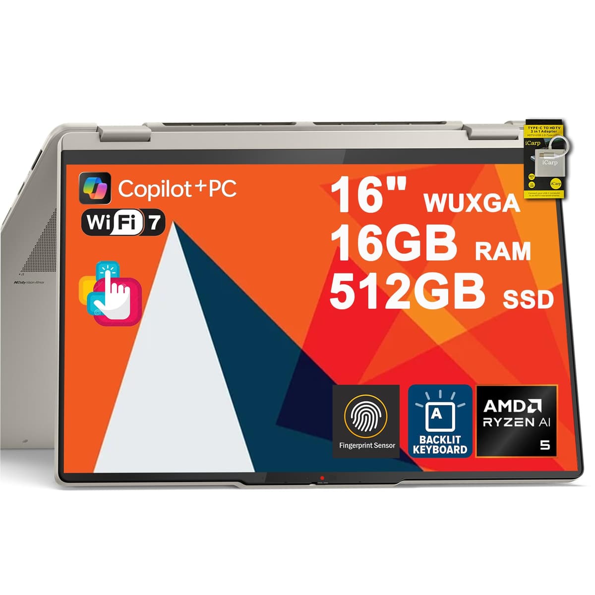 Lenovo Yoga 7 2 en 1 Laptop 16" WUXGA IPS táctil (brillante anti-huellas) AMD Ryzen AI 5 340 de 8 núcleos (hasta 50 TOPS de IA) 16 GB RAM 512 GB SSD Para creadores negocios profesionales Win11 Pro ICP Hub Copilot+ IA
