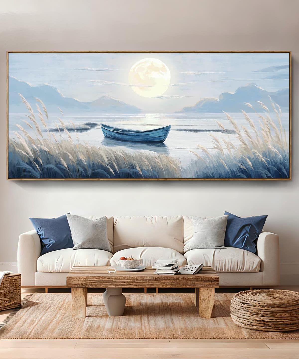 amatop Extra Large Framed Canvas Wall Art Barco a la Luz de la Luna 86x39inch