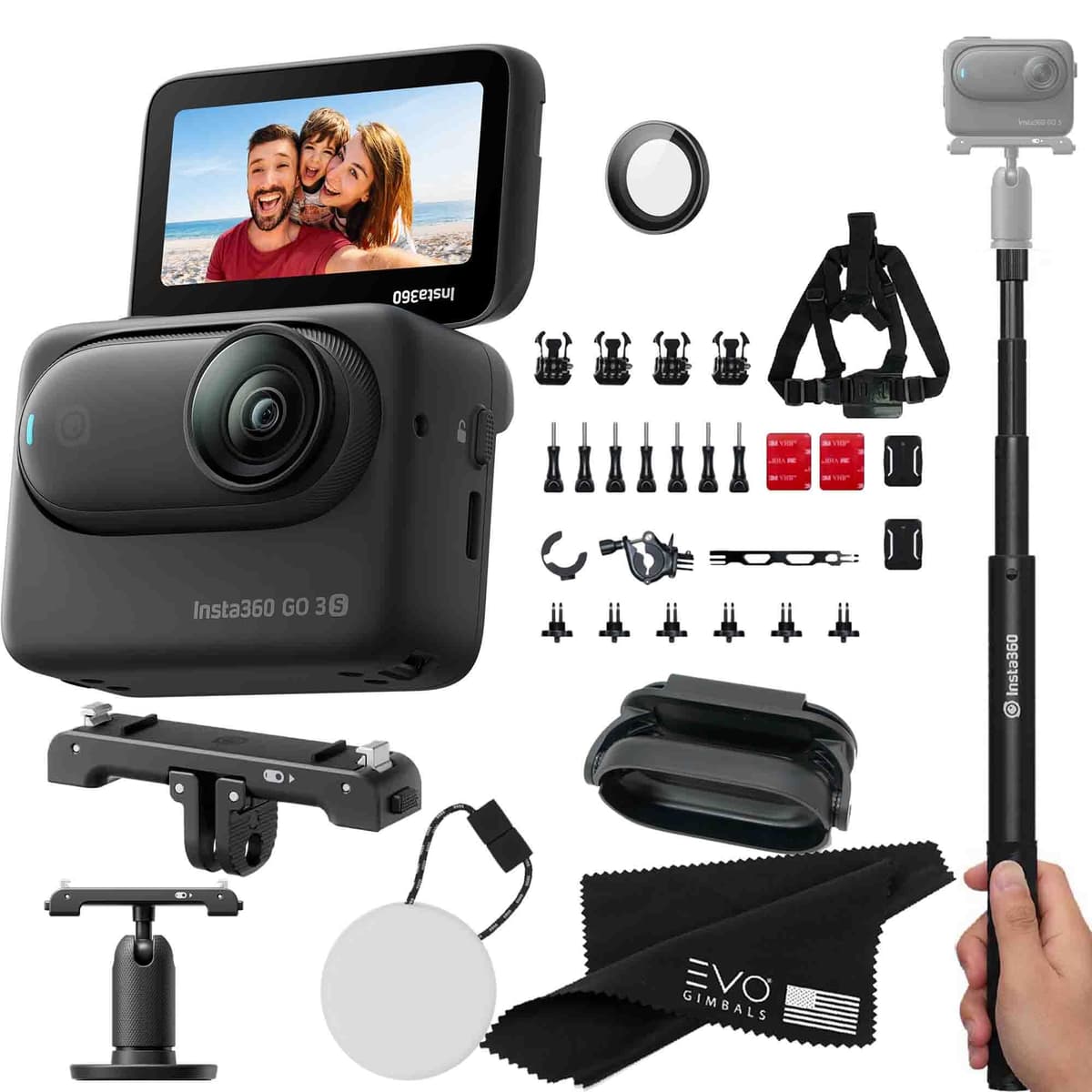 Insta360 GO 3S 128GB - Cámara de Acción Miniatura 4K con Estabilización FlowState (Paquete Bike + Selfie Stick) CINSABKA-128GB-BLK-SELFIE